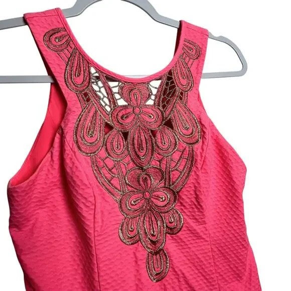 Lilly Pulitzer Pink Embroidered Sheath Dress Size 00 Cutout Back Zipper Lined - Picture 2 of 11